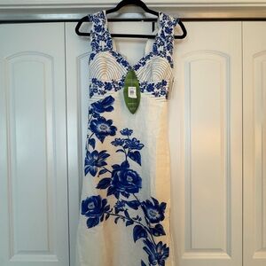FARM Rio White Midi Dress with Blue Floral Print